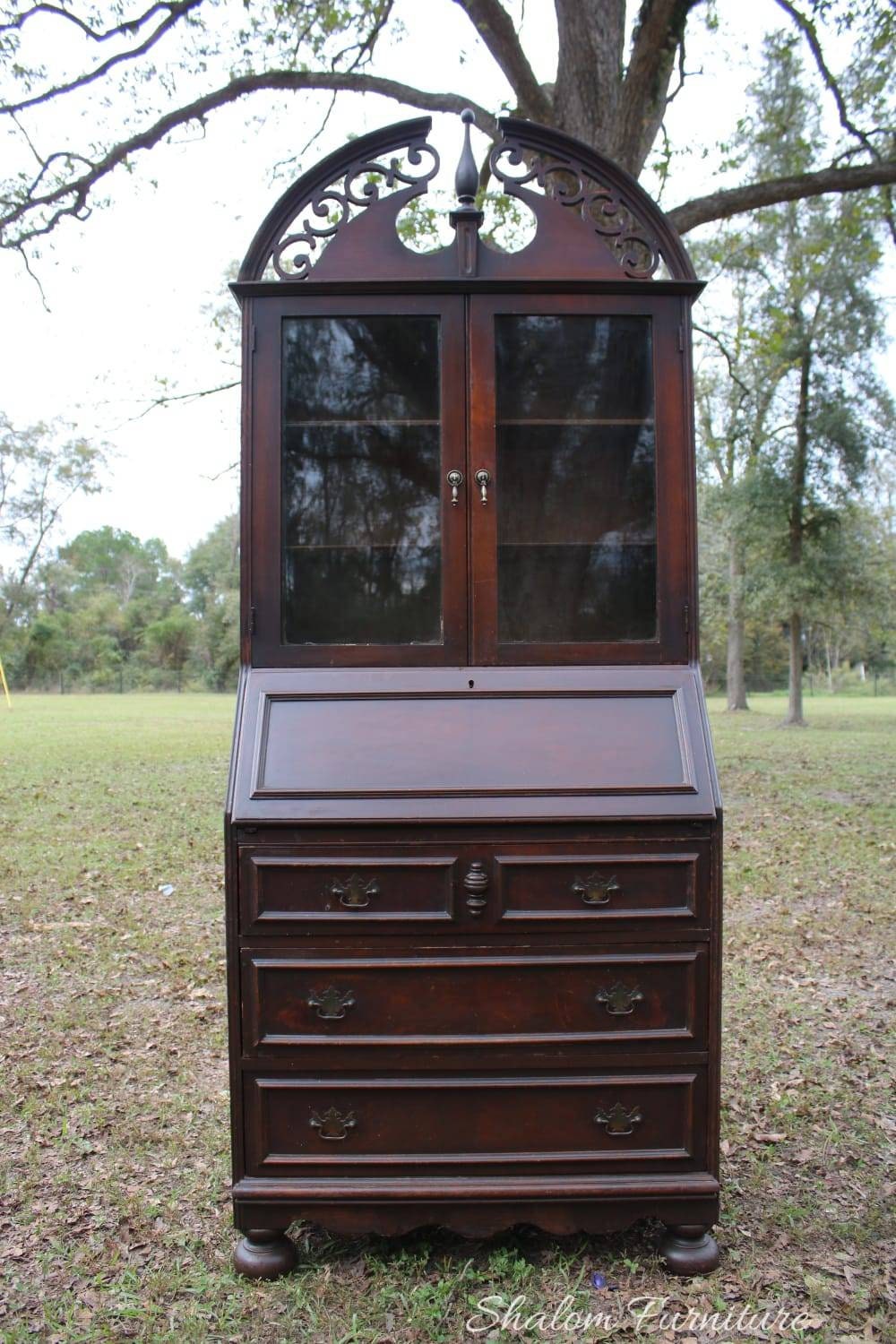 Antique Solid Wood Secretary Desk With Glass Doors and Drawers