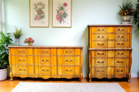 Vintage French Provincial Tallboy and Dresser Set, Original Finish with Intricate Details