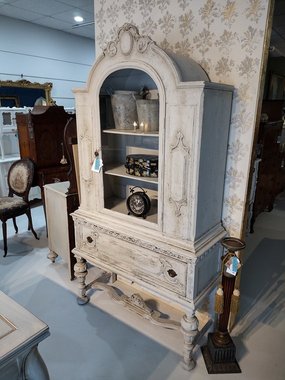 SOLD no longer available!! Antique Jacobean Hutch Cabinet -Old World Stone Finish - Vintage Charm, Sophistication, cottage home
