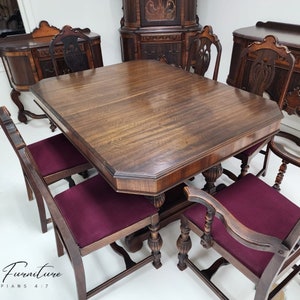 1800s Jacobean Antique Dining Table Set with 6 Chairs - Antique Furniture, Vintage Wooden Table, Traditional Style, Captain's Chair Included