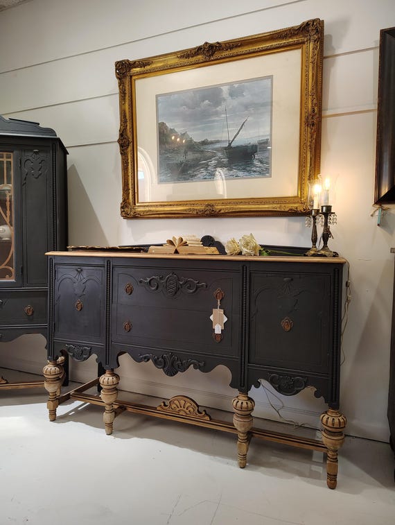 SOLD No longer available!!! Antique Jacobean hutch cabinet buffet credenza refinished in a timeless Matte black