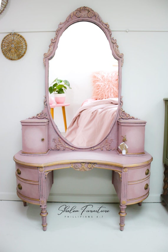 Sold!example of my work !Jacobean vanity Solid Wood and Hand Carved Details - ,Over Four Foot Oval Mirror, Original Gold Hardware