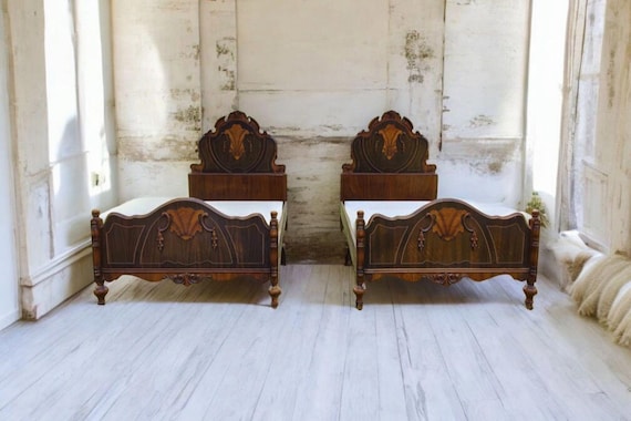 Antique Elegant Jacobean Twin Beds - Vintage Depression Era Furniture with Intricate Carvings and Dark Wood Finish, customizable bedroom set