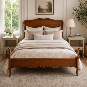 NEW! AVAILABLE! Vintage Dixie French Provincial Full Size Bed Frame | Solid Cherry Wood, Scalloped Footboard, Mid Century Bedroom Furniture
