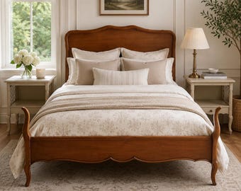 NEW! AVAILABLE! Vintage Dixie French Provincial Full Size Bed Frame | Solid Cherry Wood, Scalloped Footboard, Mid Century Bedroom Furniture