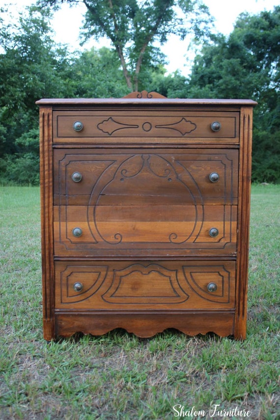 Vintage Jacobean Petite Three Drawer Dresser with Ornate Carved Trim, ready for customization