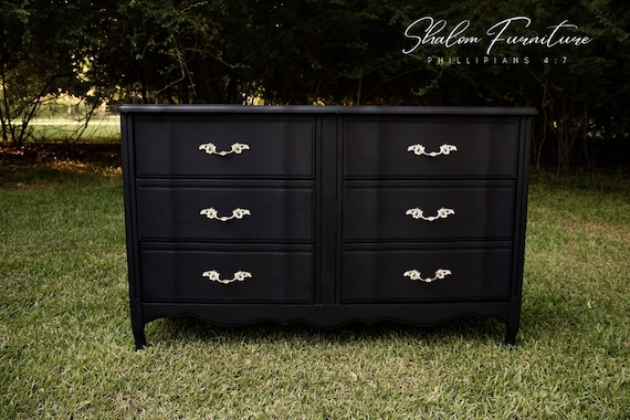 SOLD!!! NO longer available!!! Matte Black six drawer French provincial dresser with white original antique knobs/ pulls.