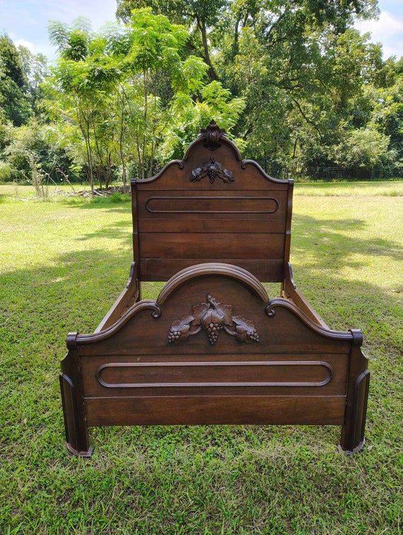 Antique Full-Sized Ornate Bed Frame with Intricate Carvings | Solid Wood bedroom furniture| Vintage Floral and Fruit Design | Customizable