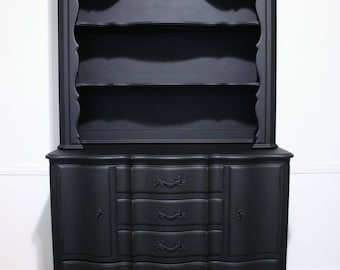 sold!not available!this is example of my work.Black Buffet and Hutch - French Provincial Style by Dixon Powdermaker, hand painted solid wo