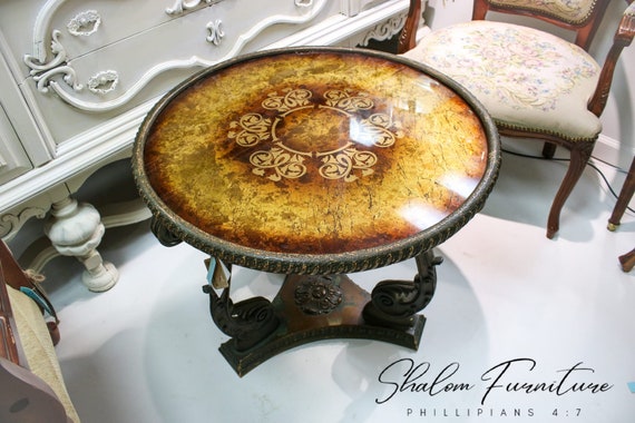 NEW! AVAILABLE! Artistic Round Beveled Table with Intricate Inlay Art and Amber-like Centerpiece. Coffee Table, small side table