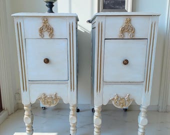 SOLD EXAMPLE! Pair of Antique Jacobean Nightstands – Soft Blue & Gold Painted End Tables – Vintage Bedroom Furniture with Ornate Carved Det