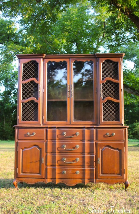 Antique French Provincial Hutch / China Cabinet / Bookshelf - Solid Fruit Wood, Six Drawers, Two Cabinet Spaces, Original Hardware