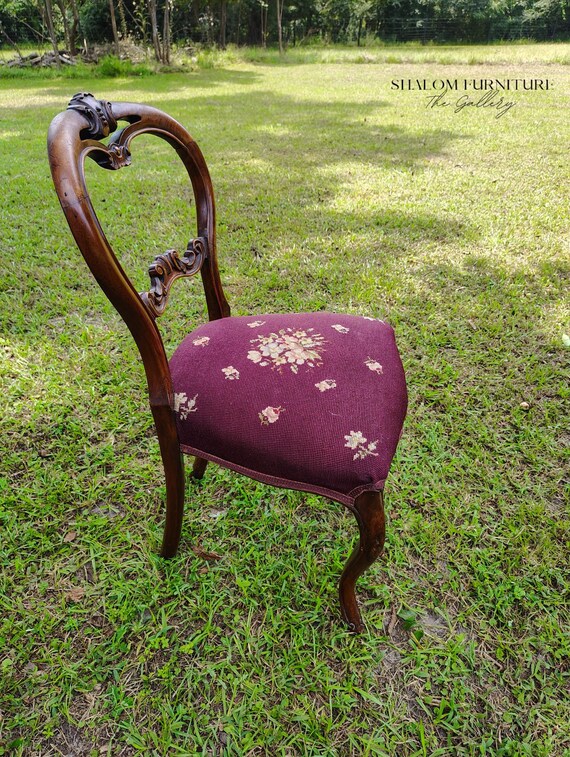 Antique Needlepoint Chair with Maroon Floral Upholstery and Exquisite Mahogany Carved Frame - Vintage Decor Accent