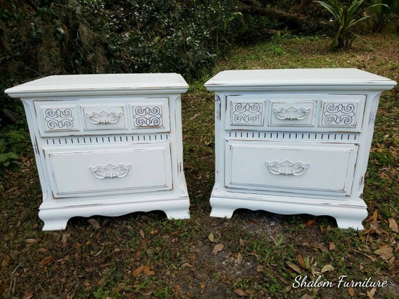 Vintage Shabby Chic Nightstands - Hand Painted Distressed White Farmhouse Side Tables with Two Drawers
