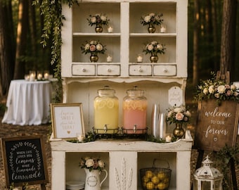 NEW! AVAILABLE! Wedding Furniture | Vintage Farmhouse Hutch | Lemonade Station | Beverage Bar Cabinet | Reception Display | Rustic Event