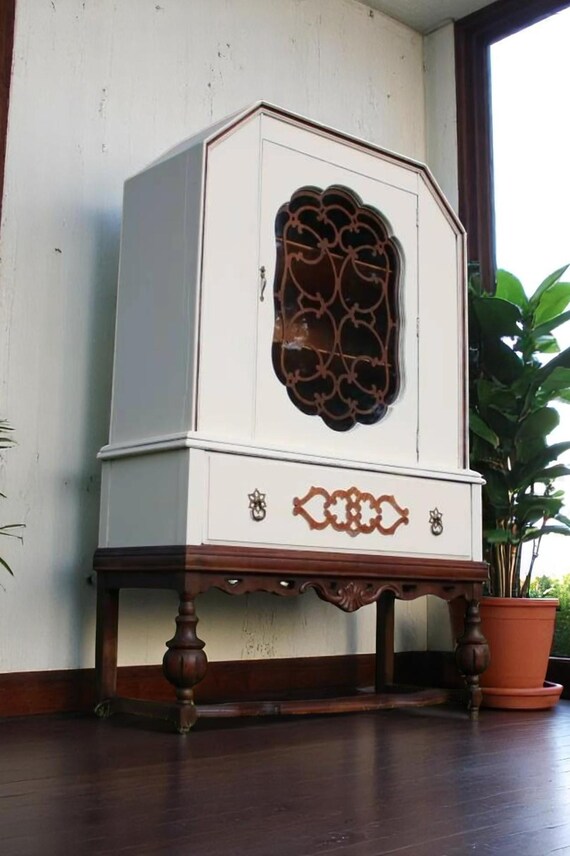 SOLD EXAMPLE! painted Cream and Wood Tones China Cabinet, Antique Hutch, Farmhouse Shabby Chic Kitchen Cupboard, Vintage Furniture