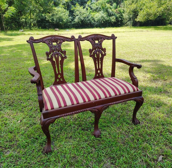Customizable vintage Chippendale styled Bench: Exquisite Dark Wood, Intricate Carvings & Striped Upholstery for Timeless Elegance