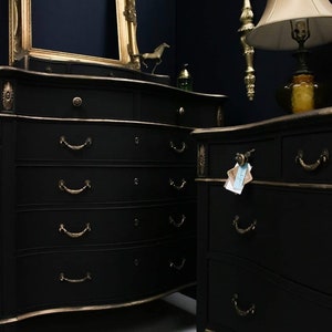 SOLD EXAMPLE! Black Hand Painted dresser set by Robert Mitchell co. , Antique refinished furniture. Antique bedroom set. Black furniture