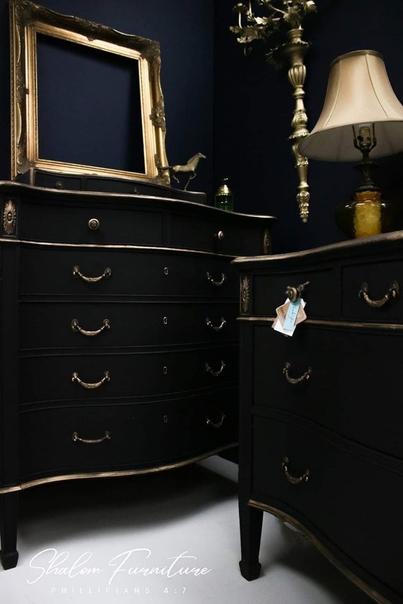 SOLD EXAMPLE! Black Hand Painted dresser set by Robert Mitchell co. , Antique refinished furniture. Antique bedroom set. Black furniture