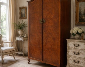 NEW! AVAILABLE! Antique European Burl Wood Armoire Wardrobe Closet | French Country Hall Cabinet | Tall Bedroom Linen Storage
