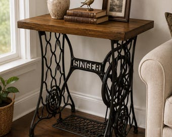 NEW! AVAILABLE! Antique Singer Sewing Machine Table | Cast Iron Treadle Base with Solid Wood Top | Industrial Farmhouse Console | Side Table