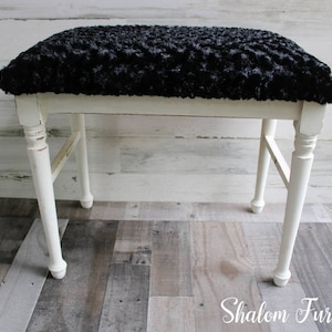 Shabby Chic Hand-Painted White Vanity Stool with Black Seat