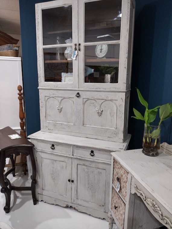 Vintage Antique Old World Painted Hutch china cabinet, French inspired Farmhouse, cottage french rustic, chippy, crackle, functional, large