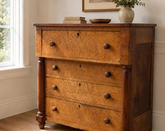 NEW! AVAILABLE! Antique Empire Walnut Chest of Drawers | Burl Veneer Dresser | 19th Century American Chest | Empire Chest with Turned Column