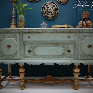 Sold!sold!!!jacobean Buffet Sideboard - credenza, tv console, breakfront , server, old world finish , blue, cottage chic,