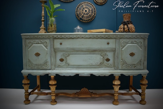 Sold!sold!!!jacobean Buffet Sideboard - credenza, tv console, breakfront , server, old world finish , blue, cottage chic,