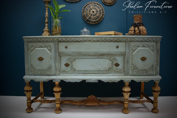 Sold!sold!!!jacobean Buffet Sideboard - credenza, tv console, breakfront , server, old world finish , blue, cottage chic,