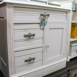 Petite White Hand Painted Antique Cabinet with Original Hardware - Shabby Chic Farmhouse Style