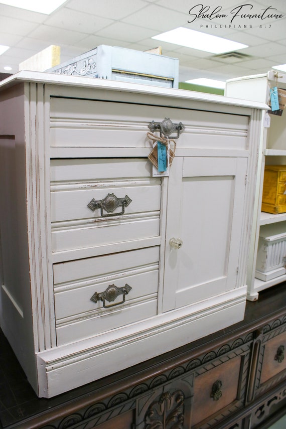 Petite White Hand Painted Antique Cabinet with Original Hardware - Shabby Chic Farmhouse Style