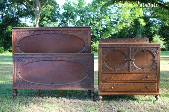 Antique Renaissance styled bedroom dresser and bed, solid wood construction, dovetailed drawers