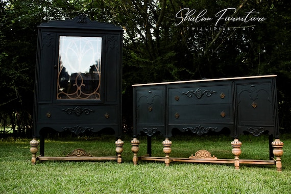SOLD No longer available! Vintage Antique Jacobean Style Hutch & Buffet Set with matte black Finish,