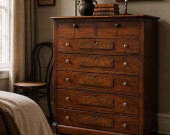 NEW! AVAILABLE! Antique Walnut Chest of Drawers | Hand Cut Dovetail Victorian Dresser | Burl Veneer Tallboy Chest | 19th Century Walnut Bure