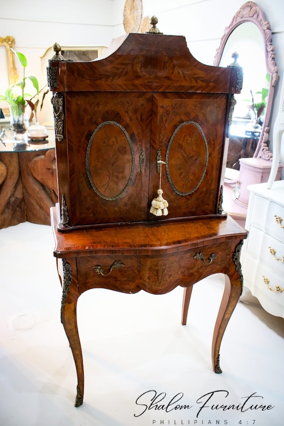 NEW! AVAILABLE! French Rococo Style Louis XV Inlaid Wood Petite Desk and Cabinet with Brass Emblems.