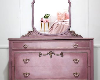 sold, NO LONGER AVAILABLE! Antique Dresser and Mirror  hand painted in pink and gold, solid wood furniture from 1900s