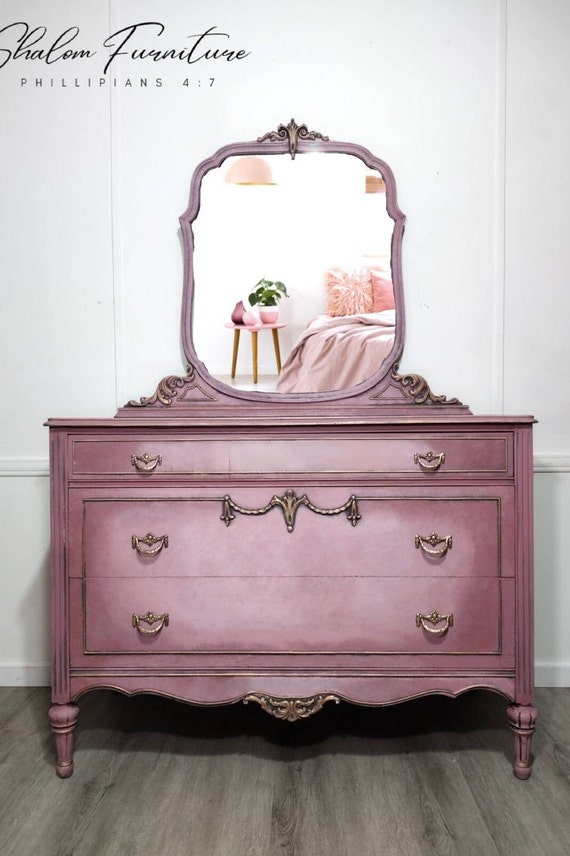 sold, NO LONGER AVAILABLE! Antique Dresser and Mirror  hand painted in pink and gold, solid wood furniture from 1900s