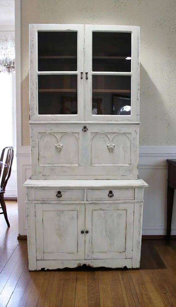 Vintage Antique Old World Painted Hutch china cabinet, French inspired Farmhouse, cottage French rustic, chippy, crackle, functional, large