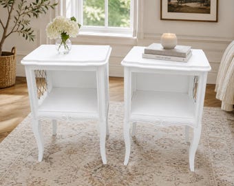 NEW! AVAILABLE! Pair of French Country White Nightstands | Vintage Cottage Bedside Tables | Shabby Chic End Tables | Queen Anne Style Bedroo