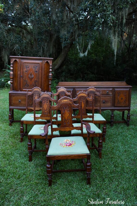 Jacobean Style Buffet Hutch And Dining Chairs Dining Room Etsy