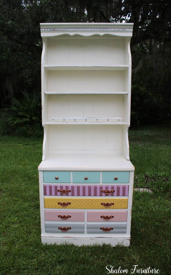 Hand painted Ethan Allen solid wood Dresser Hutch Desk with Pastel Drawers
