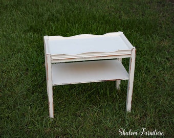 Petite Shabby Chic End Table with Bottom Shelf - Farmhouse Nightstand Hand Painted White Distressed