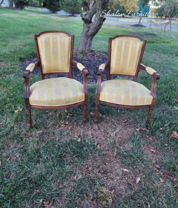 Available!! Pair Of French Style Bergeres, French chairs, yellow gold fabric, antique seating