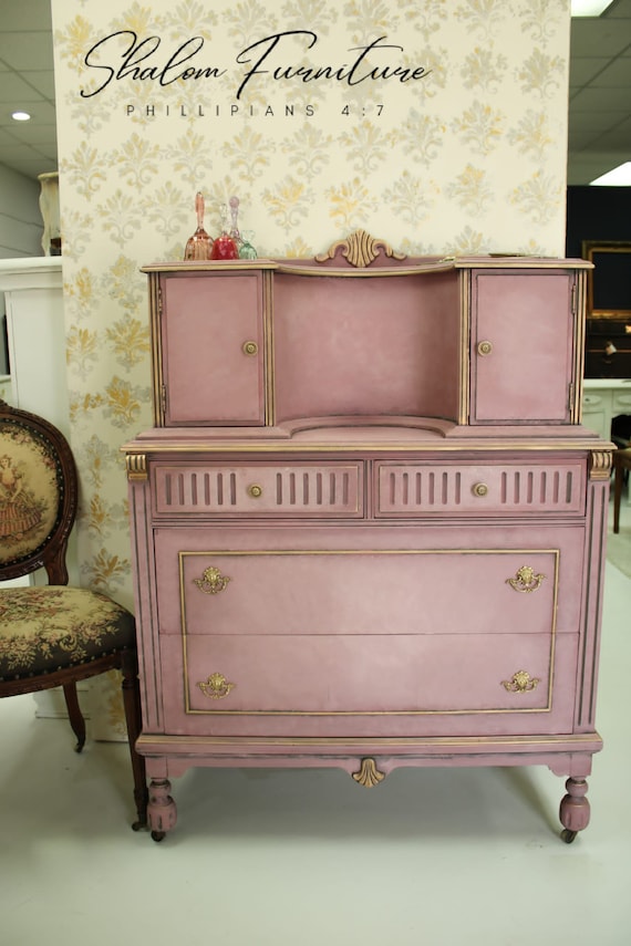 SOLD EXAMPLE Jacobean Dresser with Curved Front - Custom Painted Pink and Restored Bronze Hardware