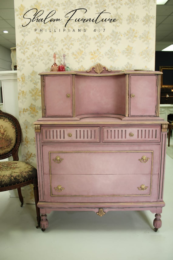 SOLD EXAMPLE Jacobean Dresser with Curved Front - Custom Painted Pink and Restored Bronze Hardware