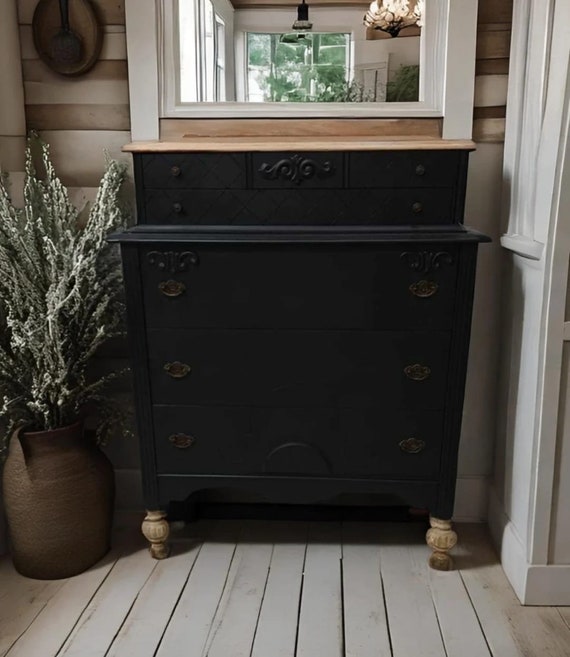black dresser with natural wood top Stormy Ridge 7 Drawer Dresser in Chickory Black STOBL5500