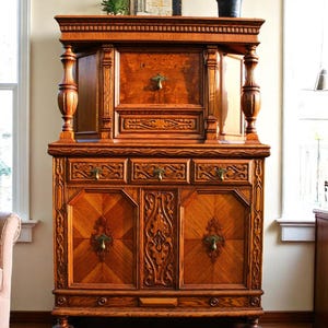 Antique Jacobean Tiger Oak Hutch with Ornate Carvings and Glass Insets - Vintage Solid Wood Dining Room Furniture