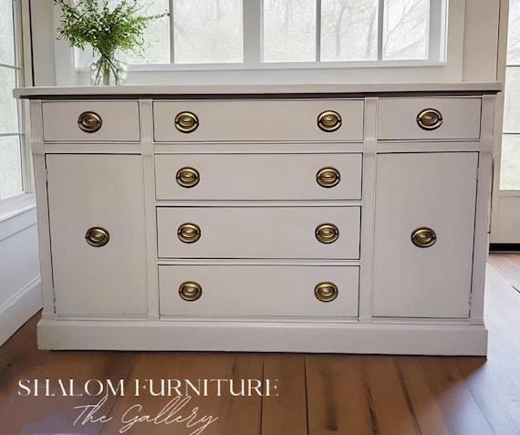 SOLD EXAMPLE!Minimalist, neutral beige Hepplewhite-style buffet, server, breakfront, vintage console 1952